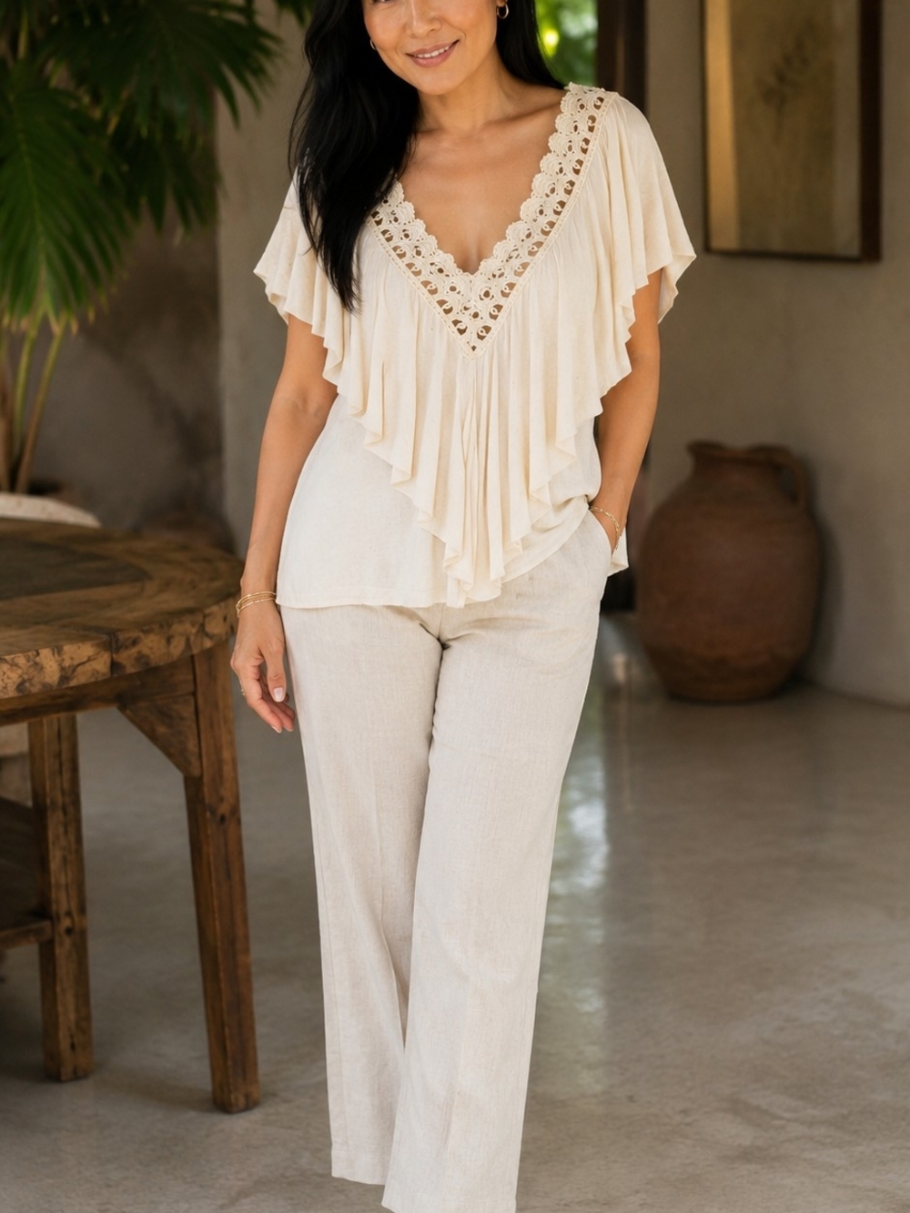 Buckle Cream Crochet Lace V-Neck Blouse